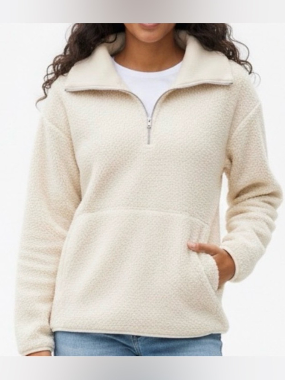 Elle Beige Fleece Zip-Up Sweater